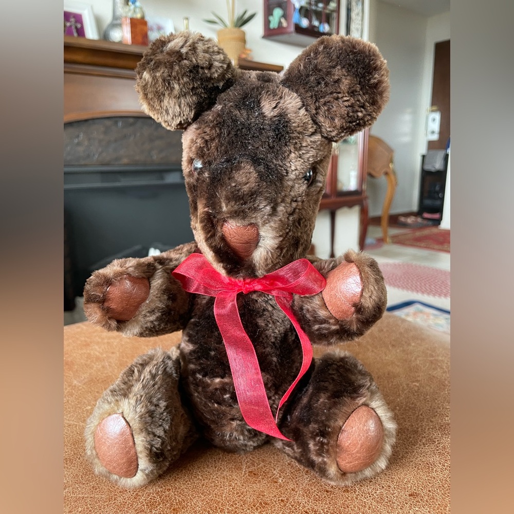 Recycled  fur artisan handmade real fur Brown Teddy Bear with Red Bow super soft